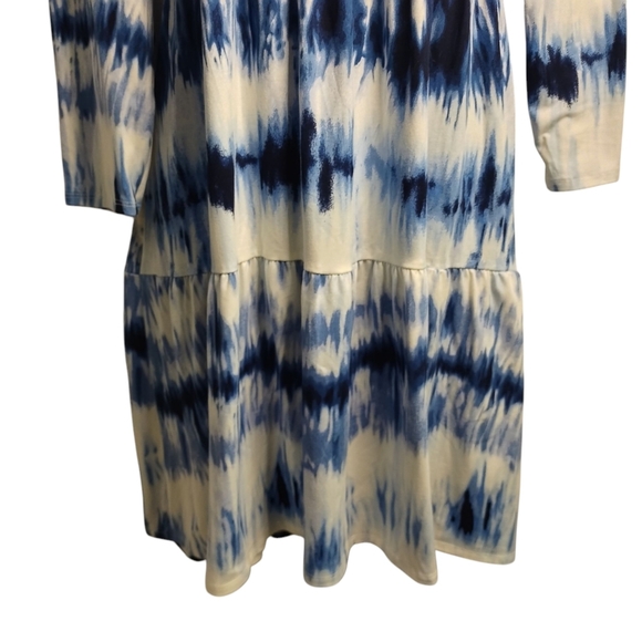 Simply Obsessed Dress Blue White Tie-dyed 3/4 Sleeves V-Neck Stretch Sz L NWT - Picture 4 of 10
